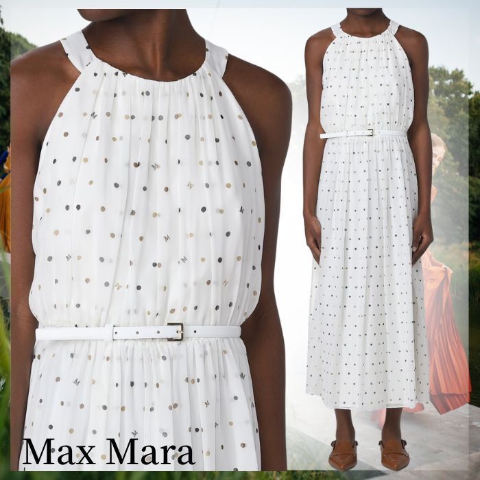 Max Mara ピュアシルク プリント ホルターネックドレス ベルト付 (Max