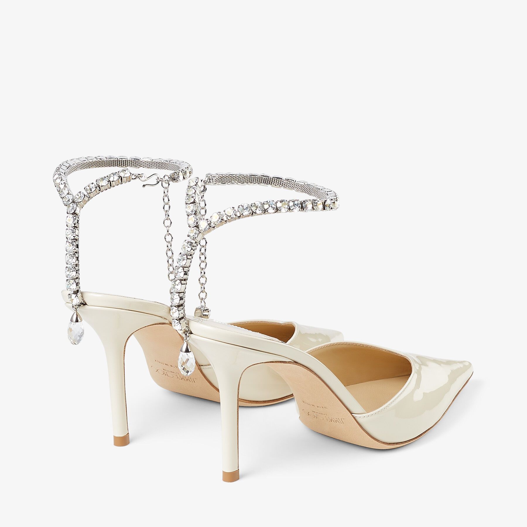 JIMMY CHOO Saeda 100 クリスタル装飾付きユニコーン パンプス クリスタルチェーン付き Ivory サテン・パンプス | SAEDA 100