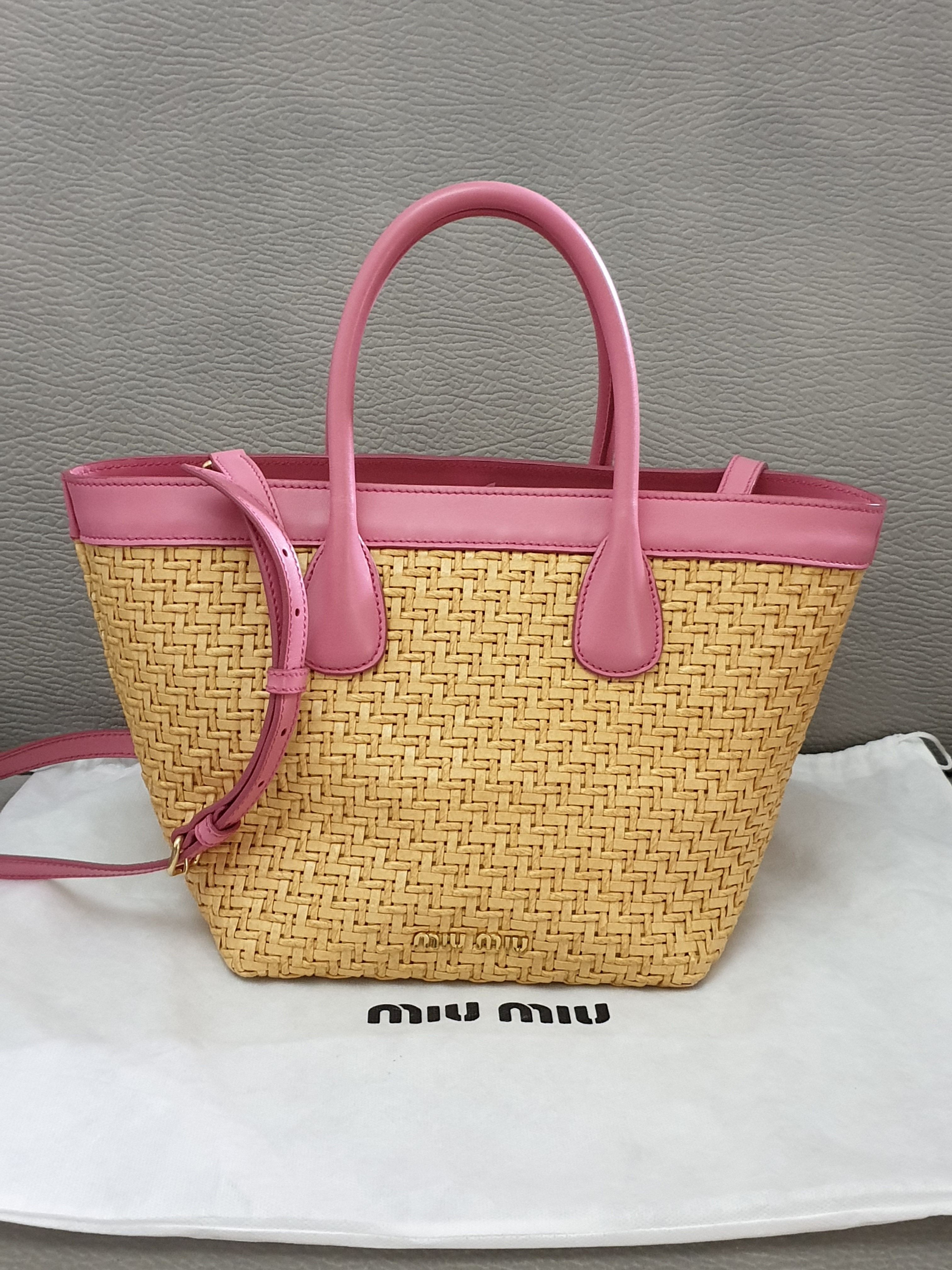 miumiuロゴアップリケ☆ストローカゴトートバッグ2way☆ピンク