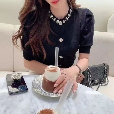 パール ビジュー カーディガン 韓国 大人可愛い 半袖 ディテール
