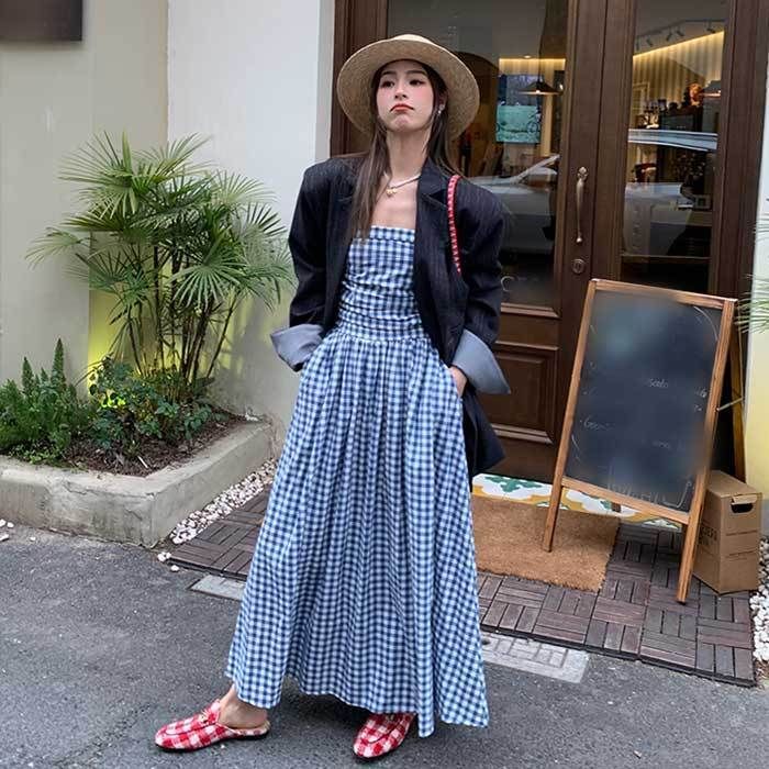 人気特価 マキシ ワンピース ロング ギンガムチェック オフショルダー ワンピース