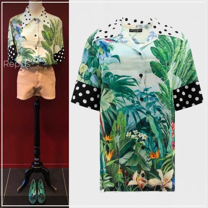 新品☆Dolce&Gabana☆レオパードモチーフ カーフスキン グリーン Dolce&Gabbana】トロピカルプリント シャツ シルク ドット