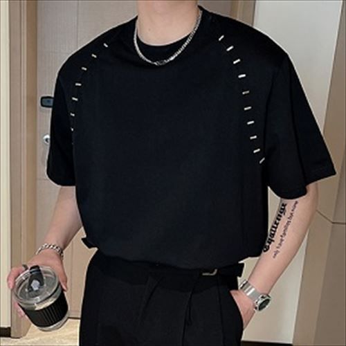 半袖Tシャツ メンズ ショルダーパッド 英字プリント 2色 半袖Tシャツ メンズ メタル装飾 ショルダーパット 2色 (Tシャツ