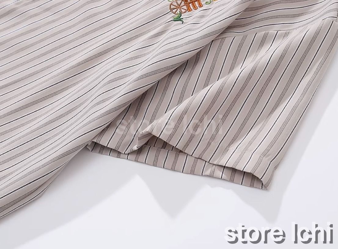 メンズ ストライプシャツ 半袖シャツ クマ 刺しゅう ベアx5371 メンズ ストライプシャツ 半袖シャツ クマ 刺しゅう ベアx5371
