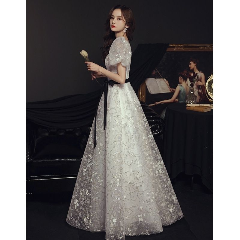 花柄シフォンパフスリーブウェディングドレスパーティー演奏会 ウェディングドレス 花柄 シフォン パフスリーブ パーティー