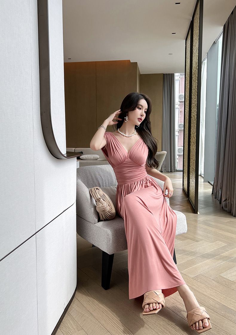全2色 ドレス ロング ハイウエスト Vネック パーティー 結婚式
