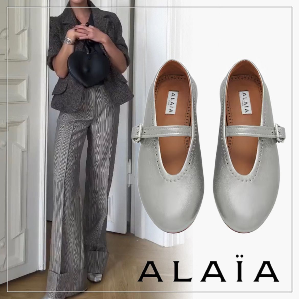 入手困難】ALAIA◇レザー メタリック バレエ フラットシューズ (ALAIA