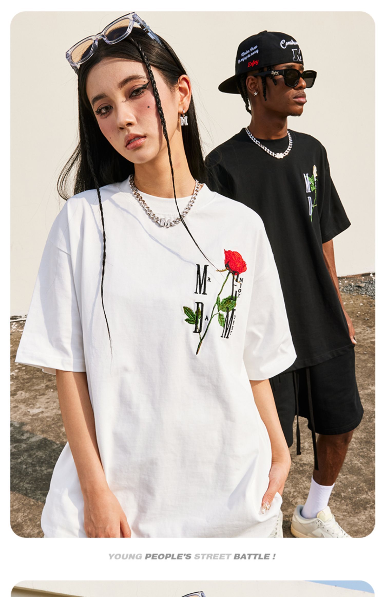 ★MEDM ★ユニセックス アメカジ バラ刺繍 Tシャツ/送料込 MEDM バラの花刺繍 半袖Tシャツ 男女兼用 (MR. ENJOY DA MONEY/T