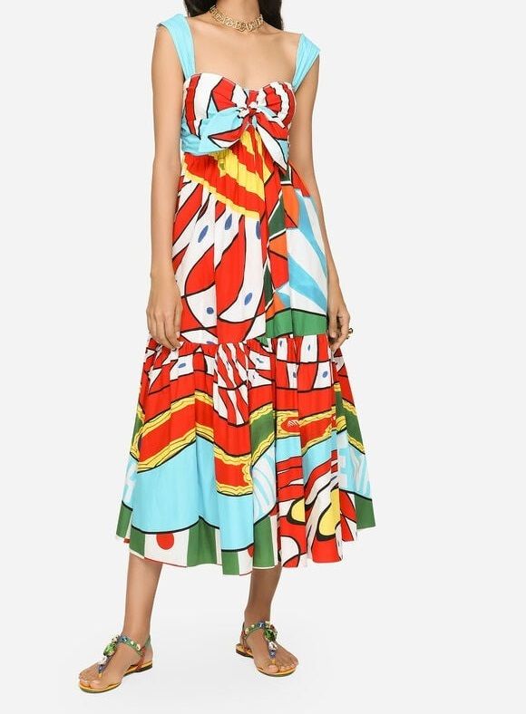 DOLCE＆GABBANA】カレット柄ポプリンカーフレングスドレス