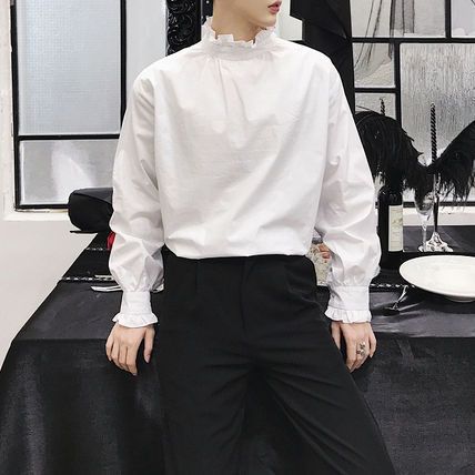 メンズ フリル シャツ モノトーン 韓国スタイル 春 秋 2色 メンズ 長袖シャツ スタンドカラー 全2色 韓国 フリル (シャツ