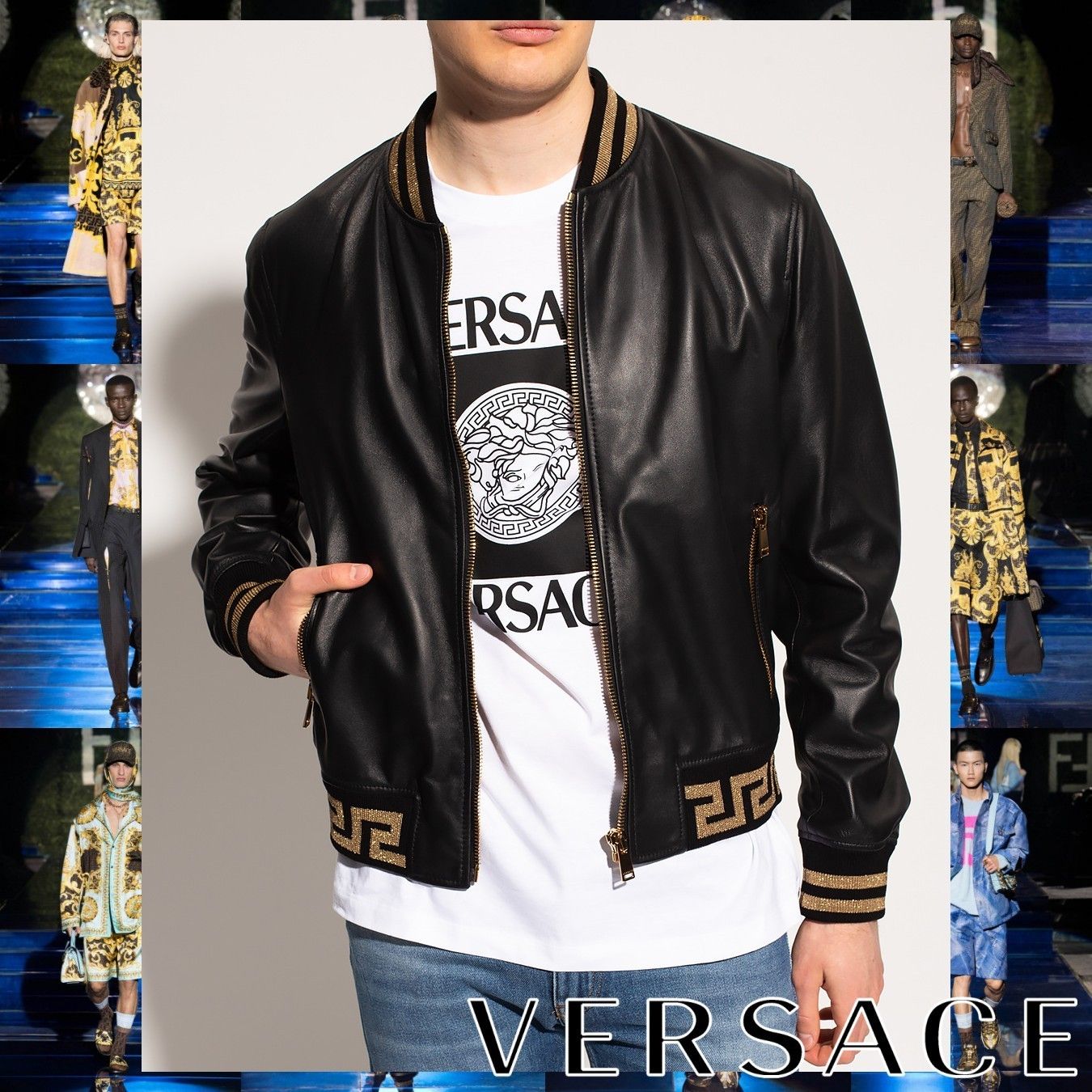 VERSACE グレカ ラム ジップ レザージャケット ブラック (VERSACE