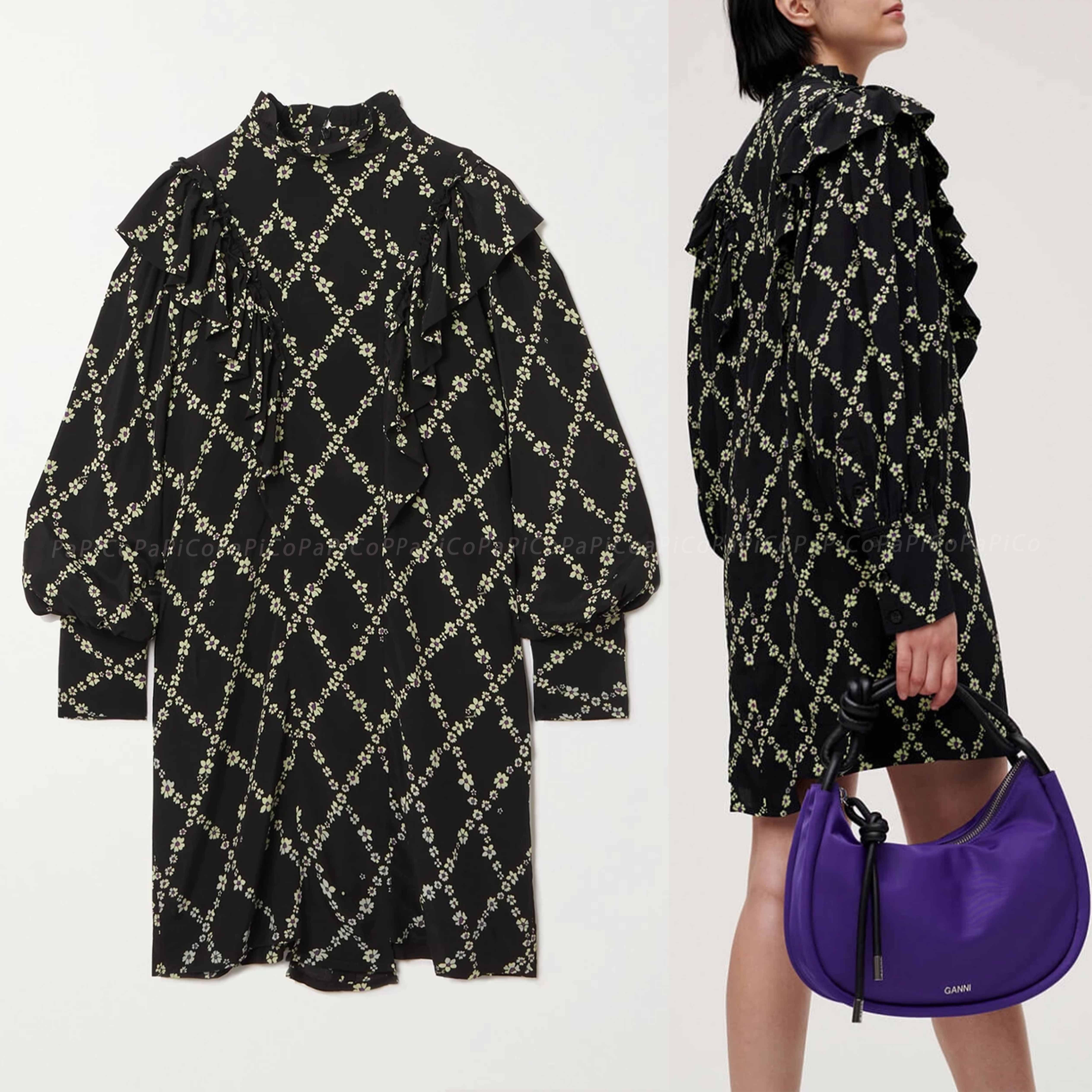 【最安値特価！関送込】GANNI ラッフルフラワー クレープ ドレス 最安値特価！関送込】GANNI ラッフルフラワー クレープ ドレス