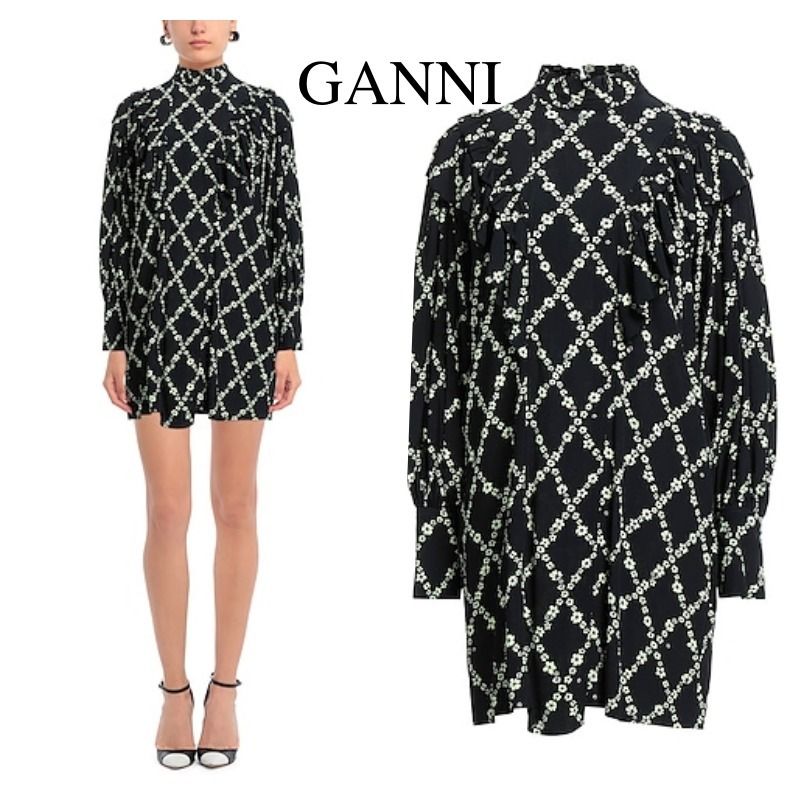 【一部予約販売】 GANNI ミニドレス 花柄 ブラック ワンピース