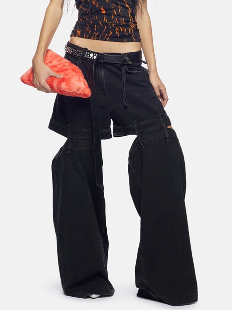 ひざ裏カット 着やせ   ワイド  デニムパンツ ひざ裏カット 着やせ ワイド デニムパンツ (パンツ) 97912219