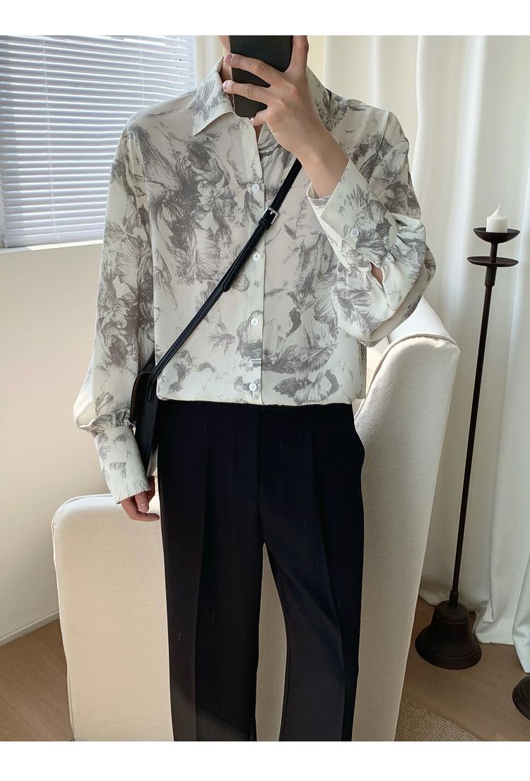 長袖シャツ マーブル柄 クール モード シック 韓国 大人 ルーズ 長袖シャツ マーブル柄 クール モード シック 韓国 大人 ルーズ