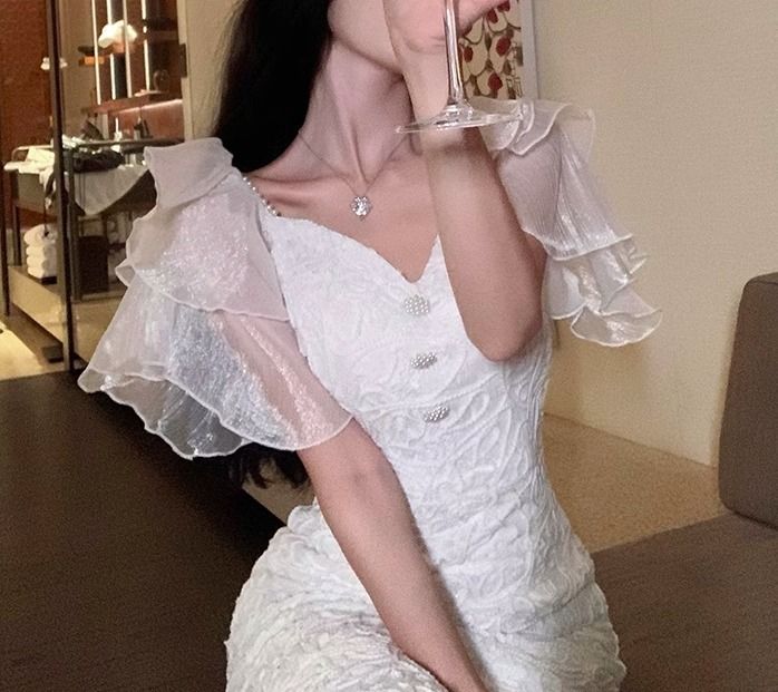 半袖 ドレスワンピース スリム ミモレ丈 レース フリル袖 韓国 半袖 ドレスワンピース スリム ミモレ丈 レース フリル袖 韓国