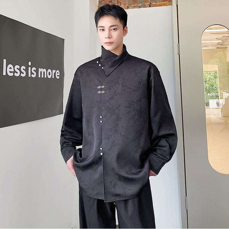 長袖シャツ メンズ 中国風水墨画プリント立ち襟 ボタン レース 韓国 チャイナ風 中国風 ジャカードシャツ トップス 長袖 立ち襟