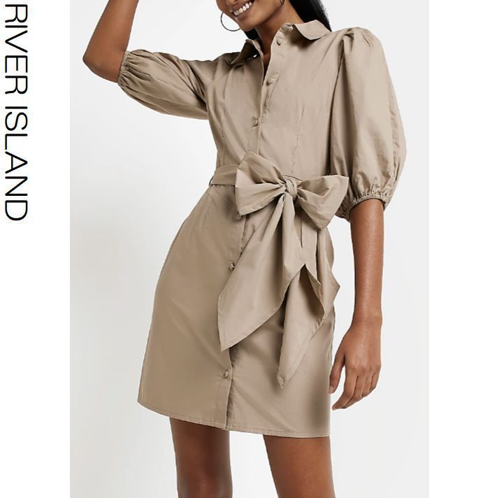 River Island☆七分袖 フロントボタン ミニ シャツ ワンピース-