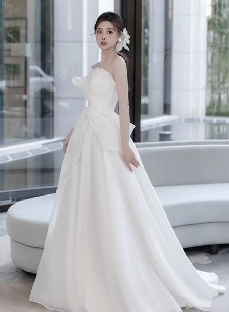 ウェディングドレス ロング丈 無地 レトロ シンプル 結婚式 韓国