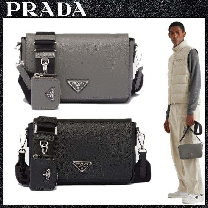 PRADA】サフィアーノレザーショルダーバッグ ブラック グレー (PRADA PRADA】サフィアーノレザーショルダーバッグ ブラック グレー (PRADA