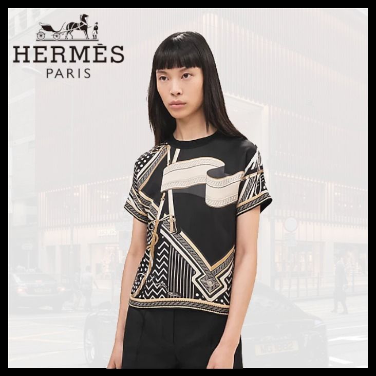 超人気ブティック Hermès 幾何学模様 シルク 半袖シャツ（エルメスメンズシルク トップス