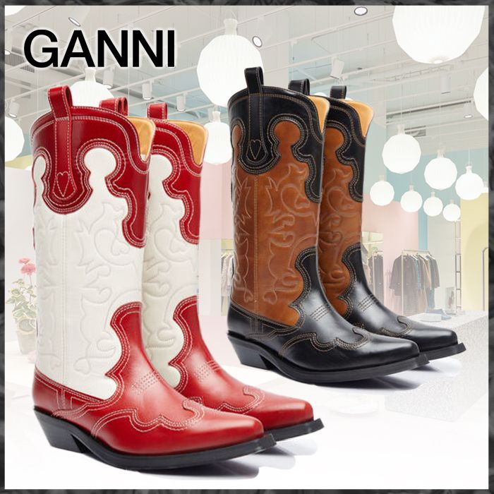 GANNI 刺繍ウエスタンブーツ GANNI ガニー 刺しゅう ウエスタン ブーツ ブラック 大人気