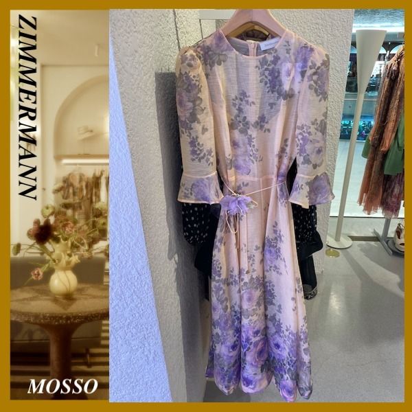 【ZIMMERMANN】ジマーマン リネン×シルク Vネック ミディドレス ZIMMERMANN リネン&シルク混ガーゼ ロングドレス ラッフル付き