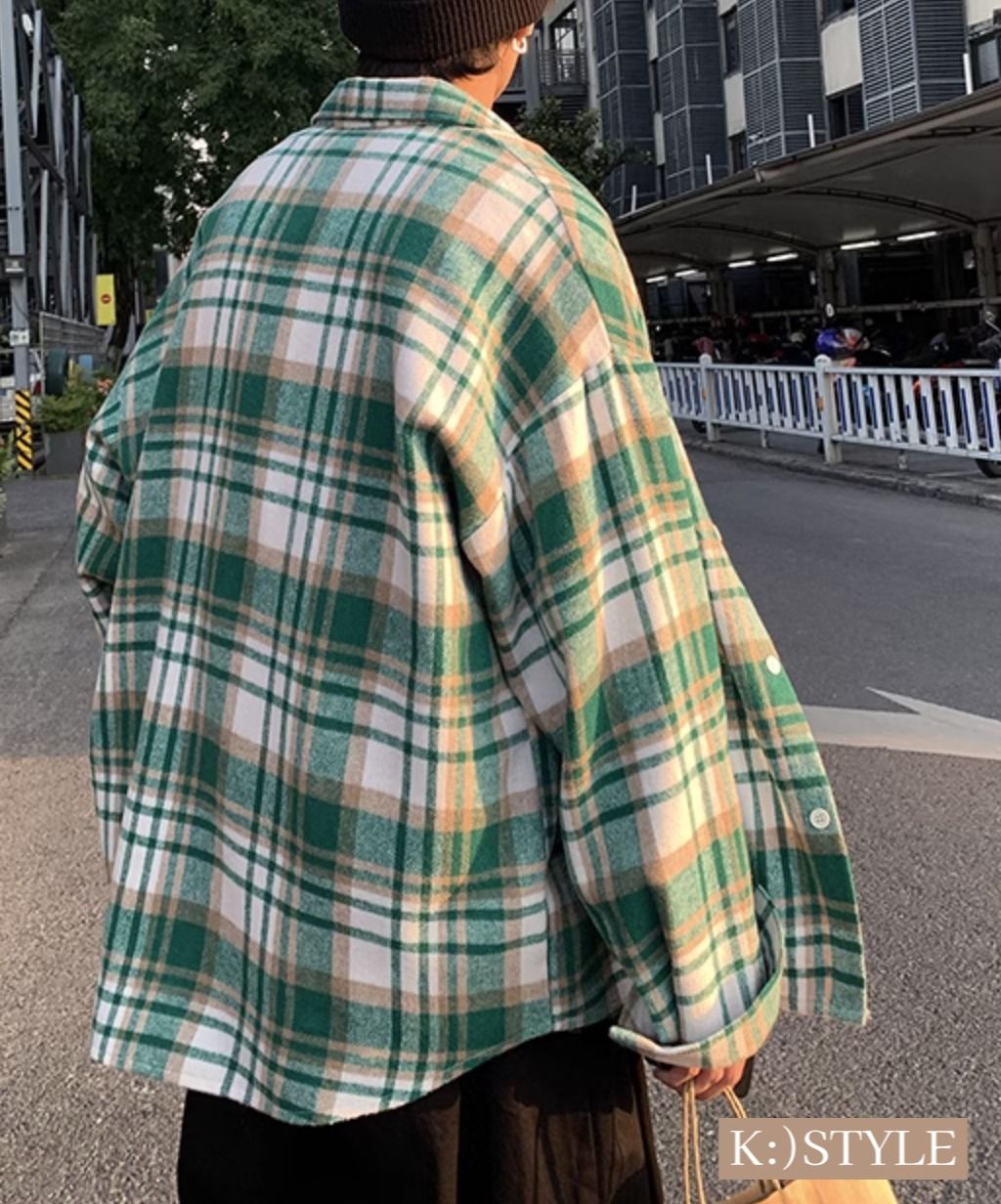 韓国 メンズ カジュアル チェック 長袖 シャツ 緑 メンズ 長袖 シャツ チェック カジュアル 韓国 緑 グリーン