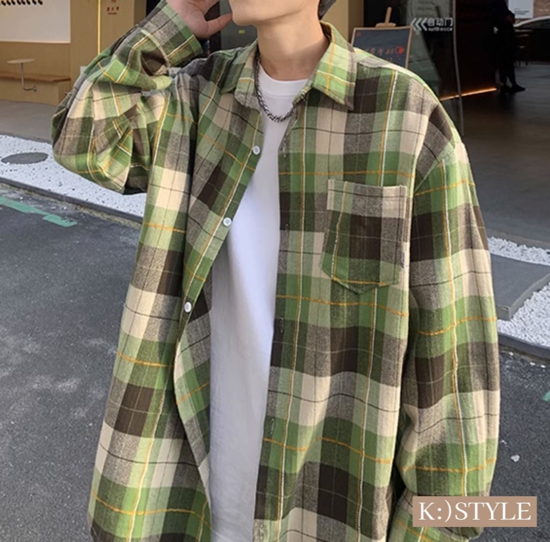 メンズ カジュアル 長袖 チェック シャツ 緑 韓国 メンズ 長袖 シャツ チェック カジュアル 韓国 緑 グリーン