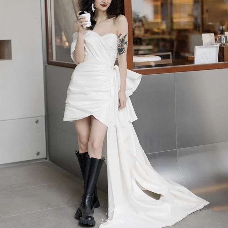 ウェディングドレス ショート丈 無地 レトロ セクシー 結婚式