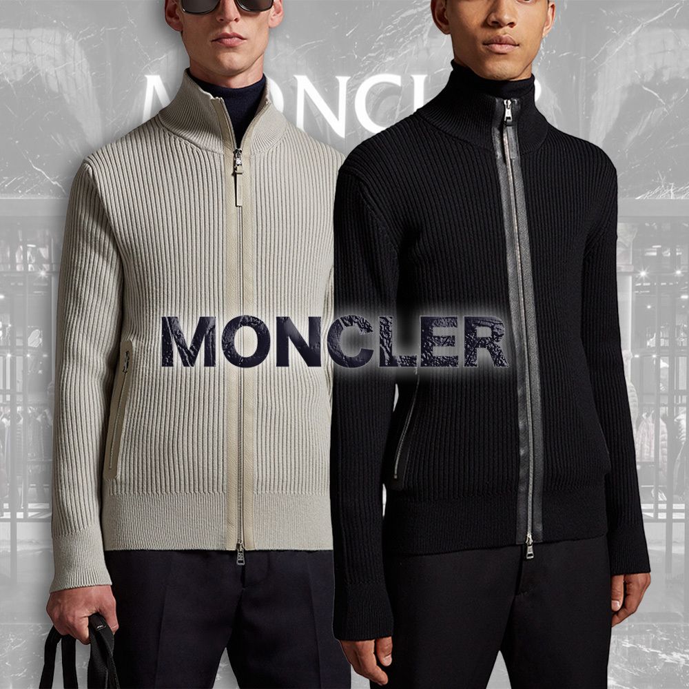 MONCLER】レザートリム リブ ジップアップニット 直営店手配 (MONCLER