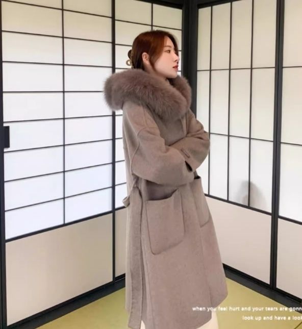 ウール ロングコート ファー フード付き 無地 韓国 (コート