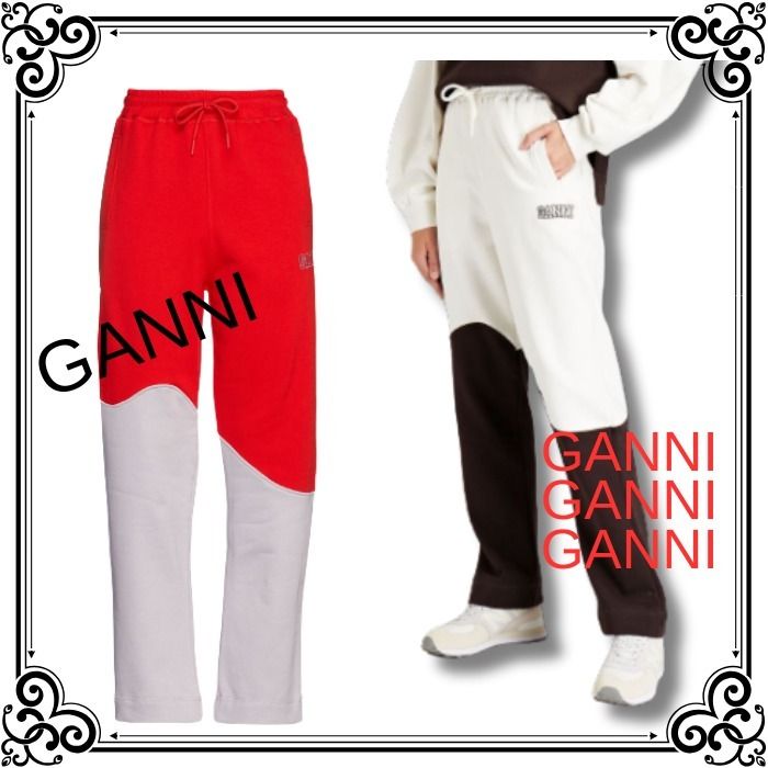 GANNI☆フレンチコットンテリー トラックパンツ ロゴ バイカラー