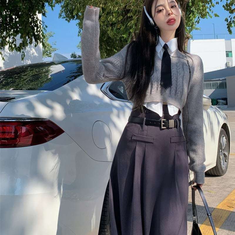 韓国 3点セット 制服風 シャツ Vネック ニット ロングスカート 韓国 3点セット 制服風 シャツ Vネック ニット ロングスカート