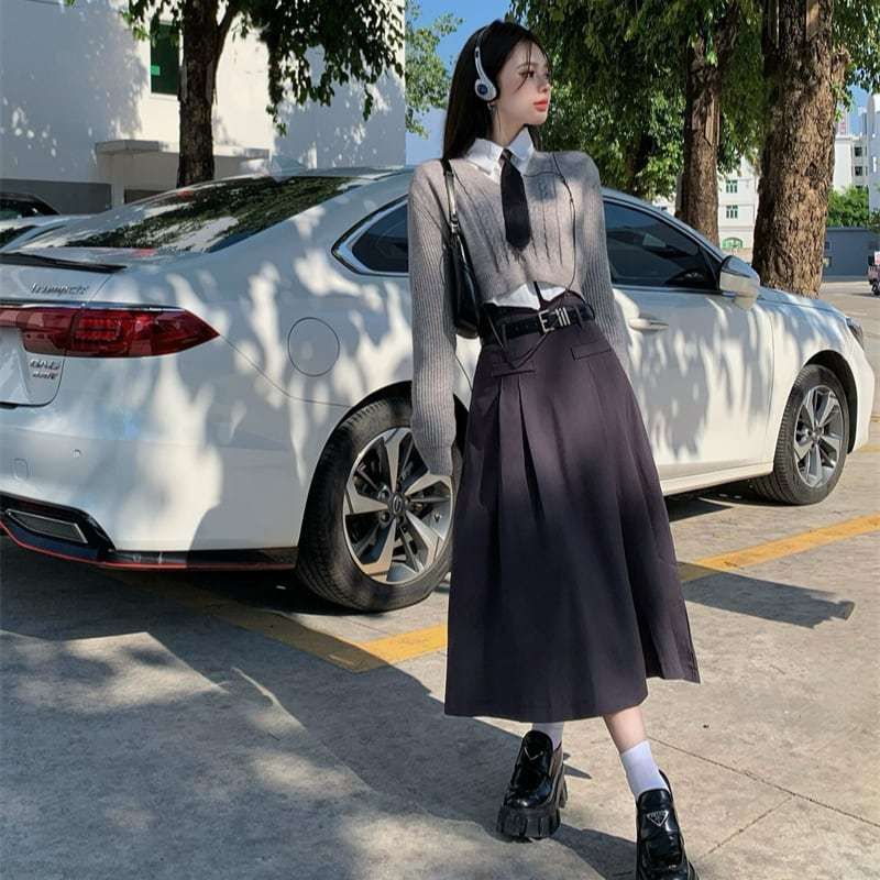 韓国 3点セット 制服風 シャツ Vネック ニット ロングスカート 韓国 3点セット 制服風 シャツ Vネック ニット ロングスカート