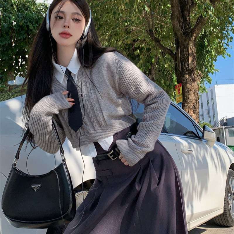 韓国 3点セット 制服風 シャツ Vネック ニット ロングスカート