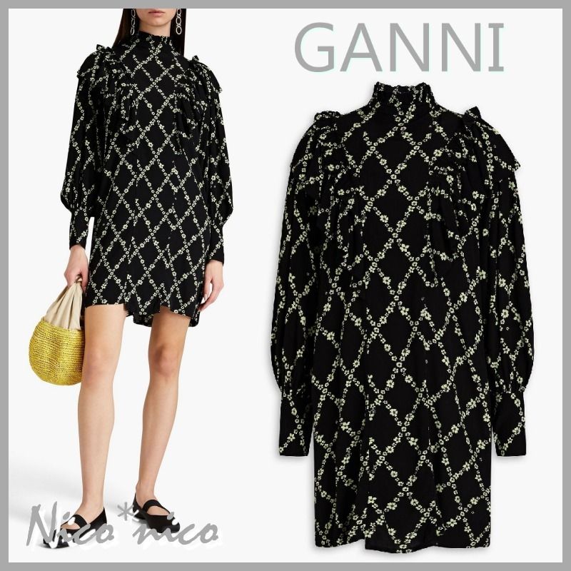 GANNI】ミニワンピース・ドレス 花柄 フリル 長袖 *送/関込* (Ganni