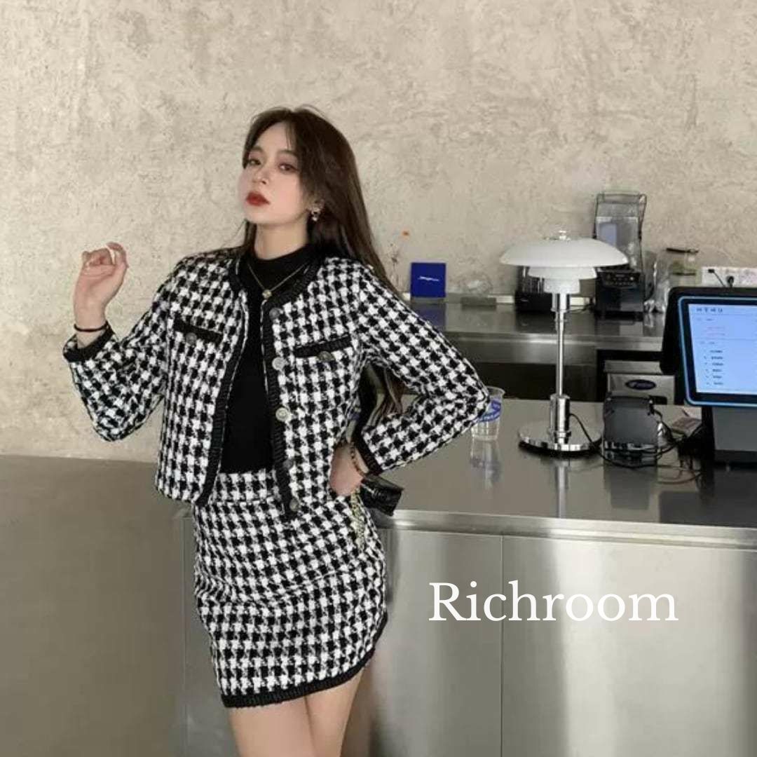 セットアップ ジャケット スカート ミニ 千鳥格子柄 韓国