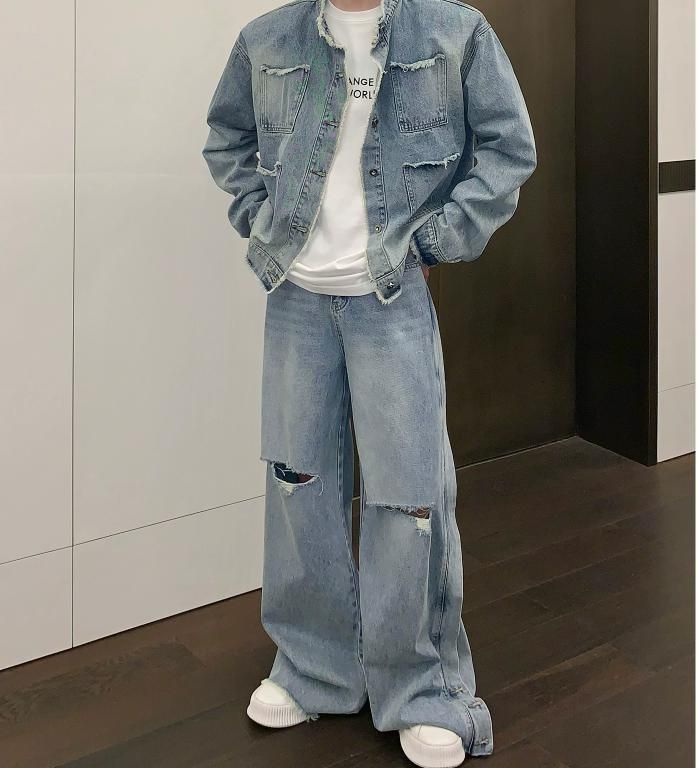 デニム セットアップ ダメージ ジーンズ 上下 韓国 nr1255 デニム セットアップ ダメージ ジーンズ 上下 韓国 nr1255