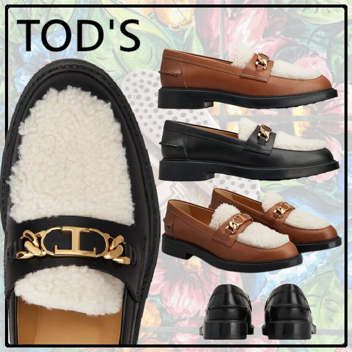 TOD'S◇直営買付 T チェーン レザー＆ムートン ローファー (TOD'S