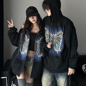 韓国 ジップアップ パーカー スウェット 蝶々 パッチワーク