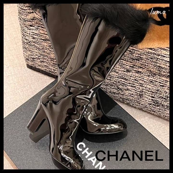 23N・艶ブラックで魅了>◇CHANEL◇ココネージュ ロングブーツ (CHANEL