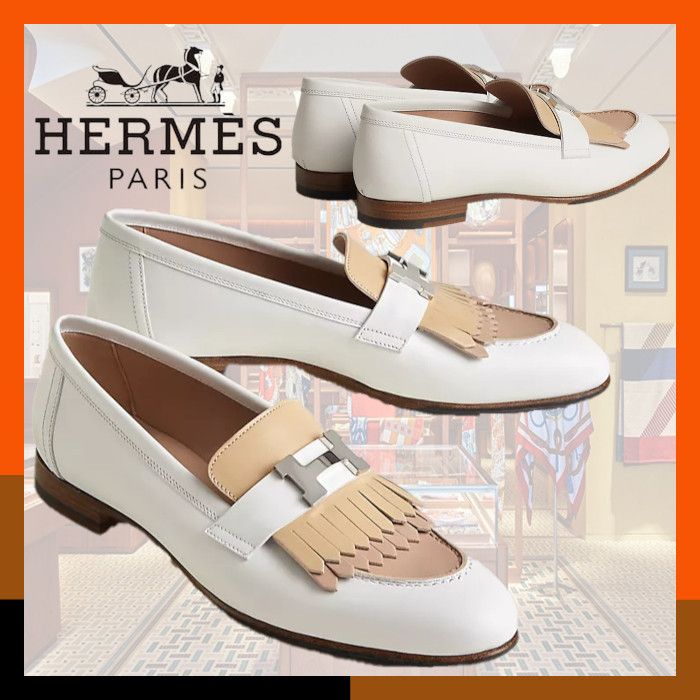HERMES お洒落ローファー 本革レザー フリンジ H ロゴ 白 Royal
