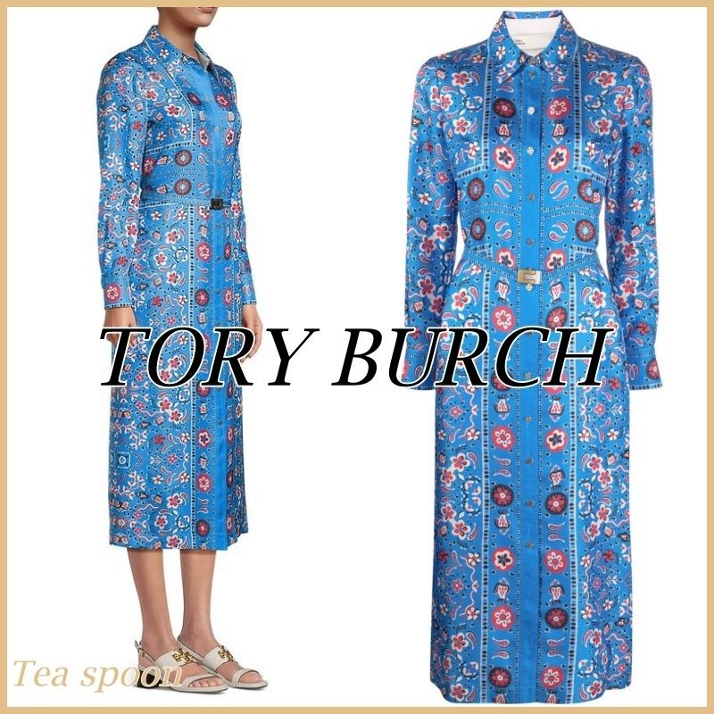 TORY BURCH ホワイト＆ブルーシルクワンピース