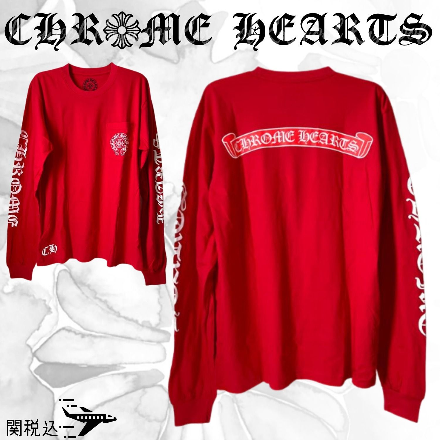 希少◆CHROME HEARTS◆スクロール ラベル ロング Tシャツ レッド CHROME HEARTS Long Sleeve T Shirt XL Cotton Red Print Back