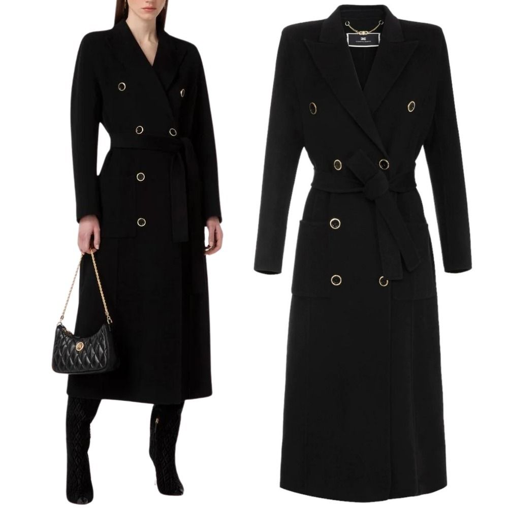 ELISABETTAFRANCHI コート ダブルブレスト タイト ELISABETTA FRANCHIブラック ダブルブレスト コート ストレート