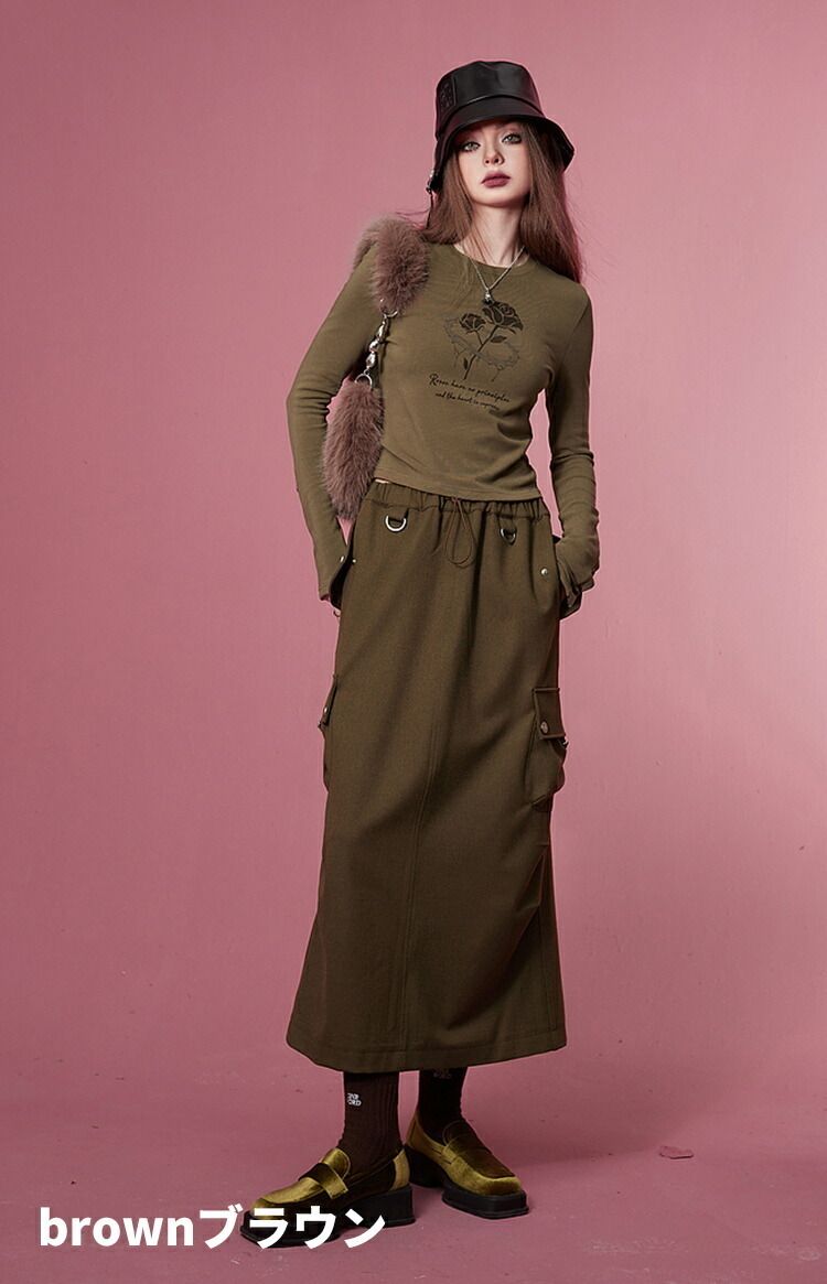 ELFSACK スカート グレイ ブラウン レトロ ミモレ丈 ELFSACK スカート グレイ ブラウン レトロ ミモレ丈 (ELF SACK