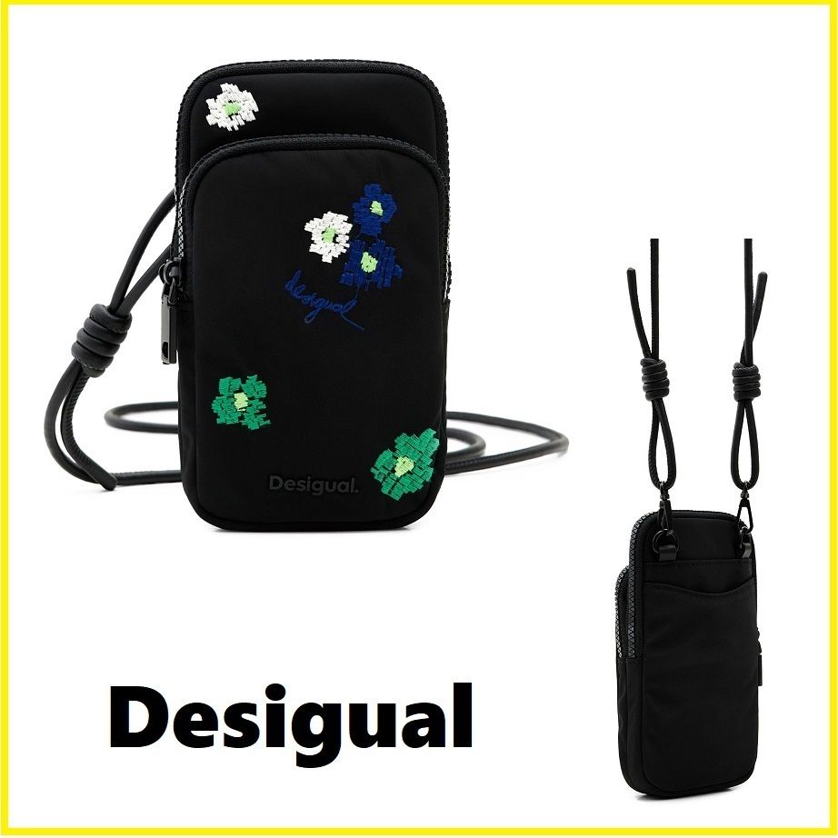 【関・送料込】【Desigual】ロゴ スマホショルダー Desigual☆フラワー柄☆ブラック☆ロゴ☆スマホショルダー
