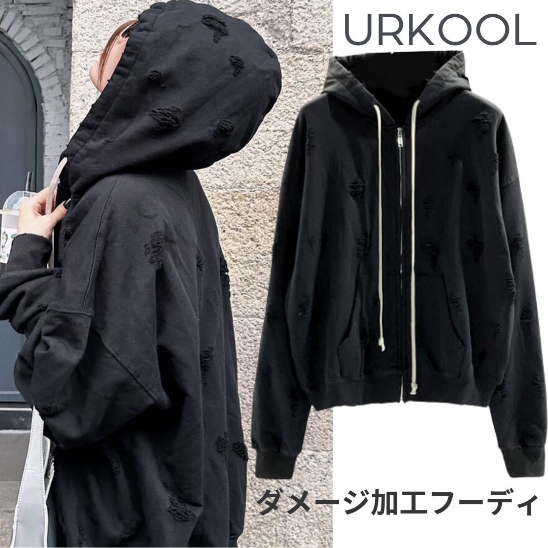 URKOOL シンプル ジップアップダメージ加工 フーディ パーカー