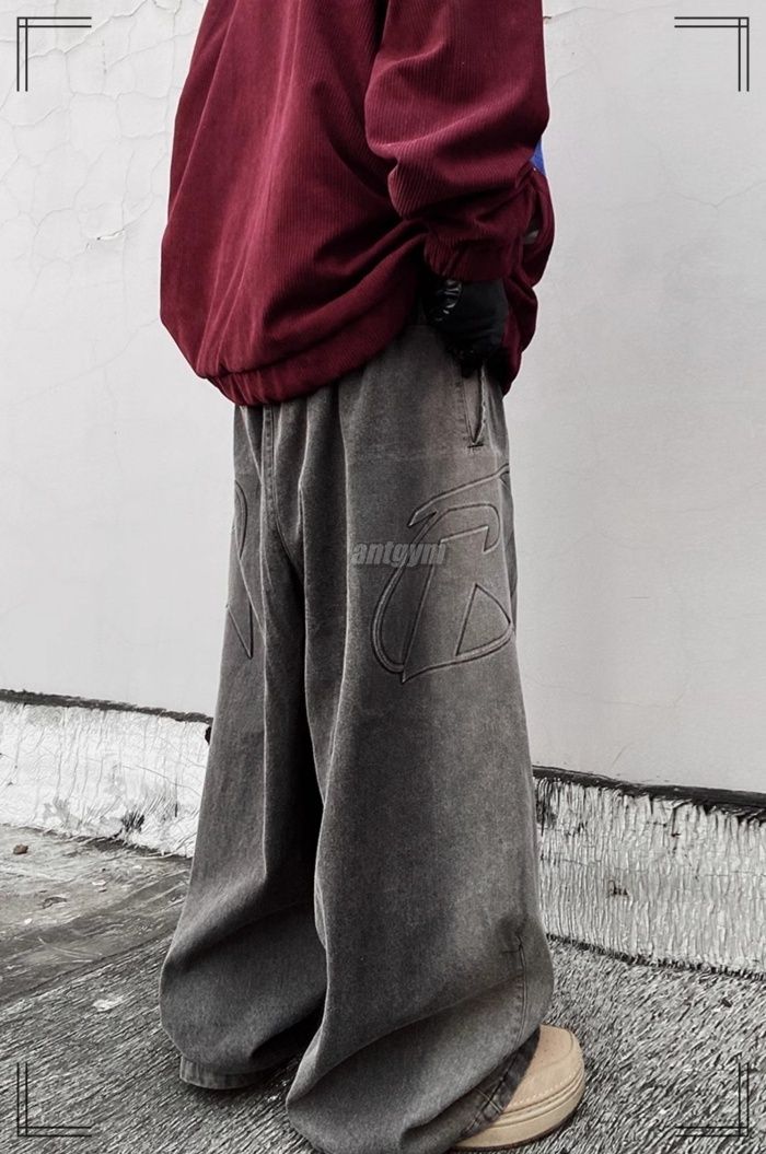 デニムパンツ S~XL ワイド ウォッシュド リベット ストリート atelier SOMETHING BIG POCKET SLIT WIDE/ビッグポケット